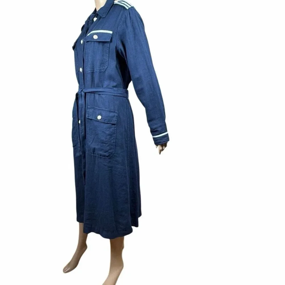 NWT L’AGENCE Kingsley Linen Shirt Dress Coat Navy Military Button Front Belted S